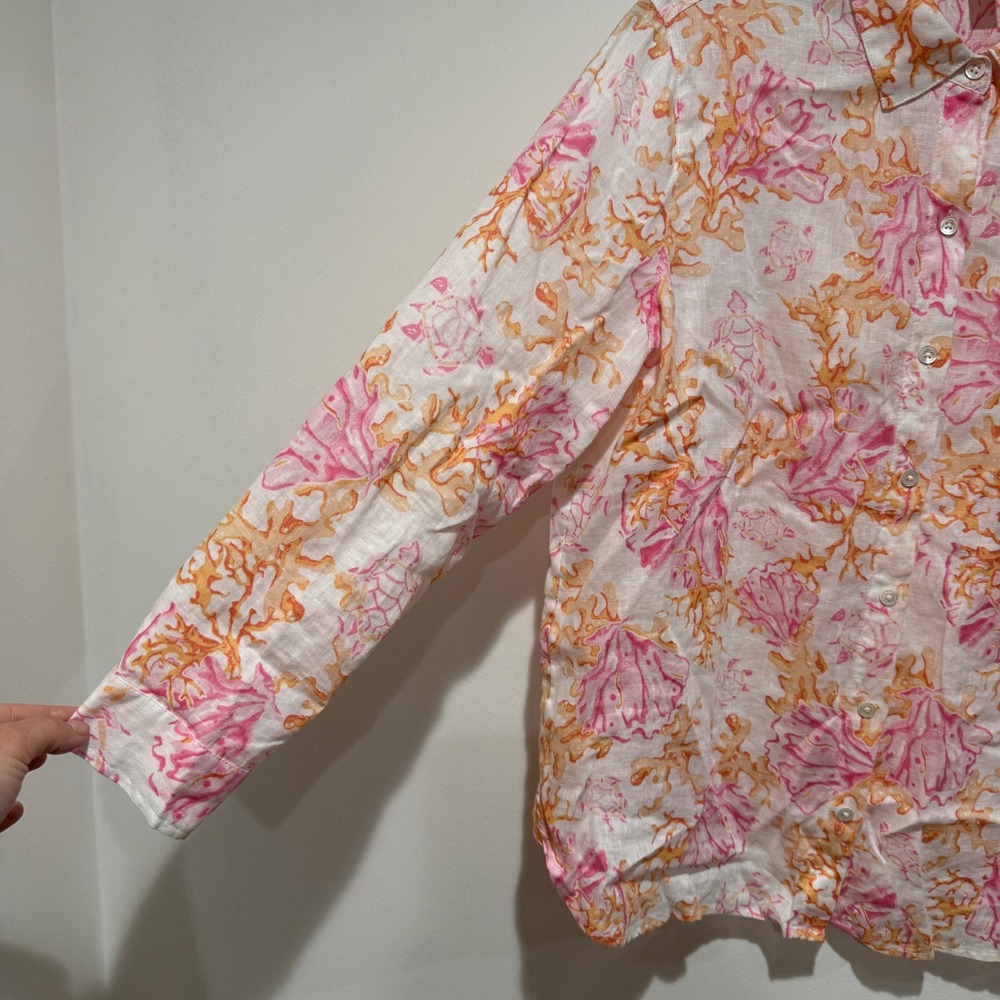 J Jill Love Linen Sea Coral Turtles Print Button Front Tunic Small Petite Coasta - Picture 7 of 11